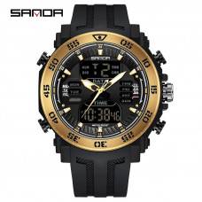 Чоловічий спортивний годинник Sanda 6029 Black-Gold з комбінованим циферблатом та захистом 5 ATM Чоловічий спортивний годинник Sanda 6029 Black-Gold з комбінованим циферблатом та захистом 5 ATM