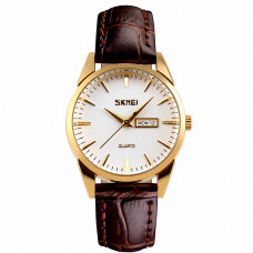 Жіночий класичний годинник Skmei 9073GDWT-S Gold-White з білим циферблатом та шкіряним ремінцем