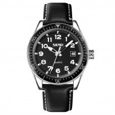 Чоловічий класичний годинник Skmei 9232LSIBK Silver-Black Leather з календарем та шкіряним ремінцем Чоловічий класичний годинник Skmei 9232LSIBK Silver-Black Leather з календарем та шкіряним ремінцем