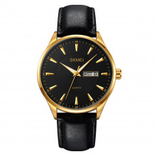 Чоловічий класичний годинник Skmei 2075GDBK Gold-Black з календарем та шкіряним ремінцем Чоловічий класичний годинник Skmei 2075GDBK Gold-Black з календарем та шкіряним ремінцем