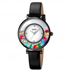 Жіночий класичний годинник Skmei 2041BK Black з білим циферблатом та шкіряним ремінцем