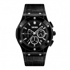 Чоловічий годинник Skmei 9157BK Black leather з хронографом та шкіряним ремінцем