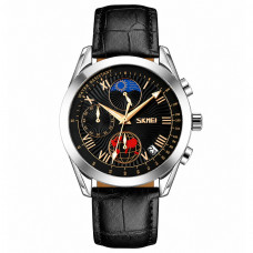 Чоловічий наручний годинник Skmei 9236SIBK Silver-Black з хронографом та шкіряним ремінцем