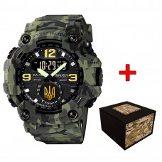 Чоловічий тактичний годинник Awarder 004 Тризуб золото Camo Green з камуфляжним ремінцем та підсвічуванням