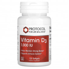 Вітамін D3, Vitamin D3, Protocol for Life Balance, 1000 МО, 120 гелевих капсул