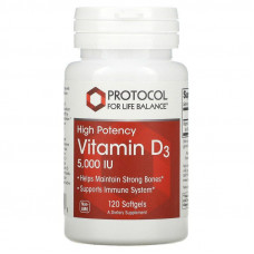 Вітамін D3, Vitamin D3, Protocol for Life Balance, висока концентрація, 125 мкг (5000 МО), 120 гелевих капсул