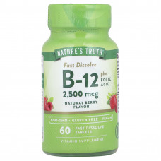 Вітамін B-12 плюс фолієва кислота, Vitamin B-12, Nature's Truth, смак ягід, 2500 мкг, 60 швидкорозчинних таблеток Вітамін B-12 плюс фолієва кислота, Vitamin B-12, Nature's Truth, смак ягід, 2500 мкг, 60 швидкорозчинних таблеток