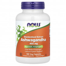 Ашваганда, Ashwagandha, Now Foods, стандартизований екстракт, 450 мг, 180 вегетаріанських капсул