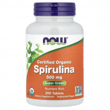 Спіруліна, Spirulina, NOW Foods, сертифікована, органічна, 500 мг, 200 таблеток