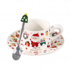 Рождественская чашка "Merry Christmass" Санта-Клаус JJX005 кружка с блюдцем с ложечкой новогодняя в подарочной упаковке White