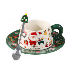 Рождественская чашка "Merry Christmass" Санта-Клаус JJX005 кружка с блюдцем с ложечкой новогодняя в подарочной упаковке Green