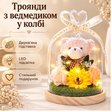 Розы с подсолнухом и мишкой в колбе с LED подсветкой ночник на батарейках Розы с подсолнухом и мишкой в колбе с LED подсветкой ночник на батарейках