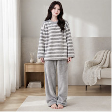 Комплект женской пижамы Stripes Серый рубашка с длинным рукавом и штанами одежда для дома теплый флисовый XL