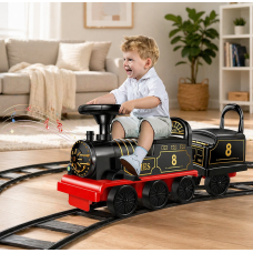 Детский электрический паровоз с железной дорогой Retro Train Ride-On / Электрический поезд для детей с колеей 220 см со светом и звуками
