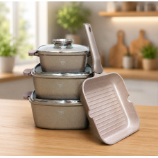 Золотой Набор посуды с гранитным покрытием Top Kitchen TK000103 3 кастрюли + сковорода-гриль Золотой Набор посуды с гранитным покрытием Top Kitchen TK000103 3 кастрюли + сковорода-гриль