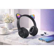 Беспроводные наушники с кошачьими ушками и лед подсветкой Cat Ear Y47 Led, Bluetooth наушники с микрофоном Черный